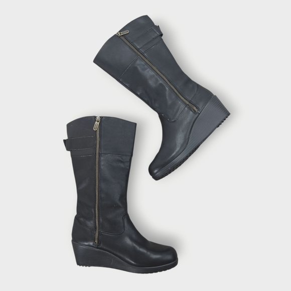 Crocs A-Leigh Women’s Wedge Boots US 7.5 Side Zip Black Leather Tall Boot - Picture 10 of 11